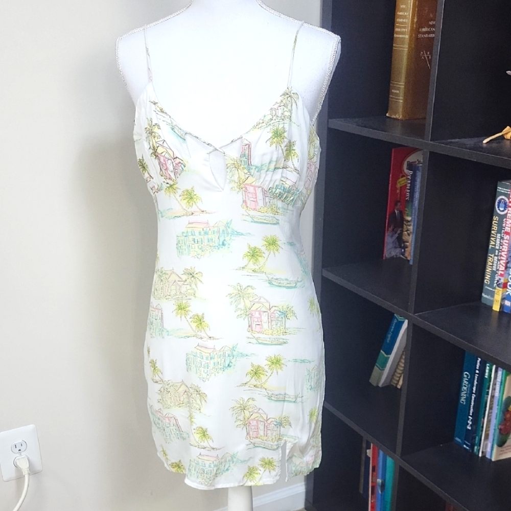 SAGE THE LABEL Green Pink Modal Palm Tree Resort Keyhole Strappy Dress